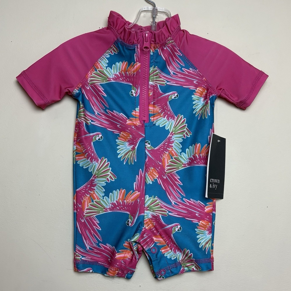 Crown & Ivy Baby 6 M Tropical Parrot One-Piece +50 Sun Suit Beach Pool Swim NWT